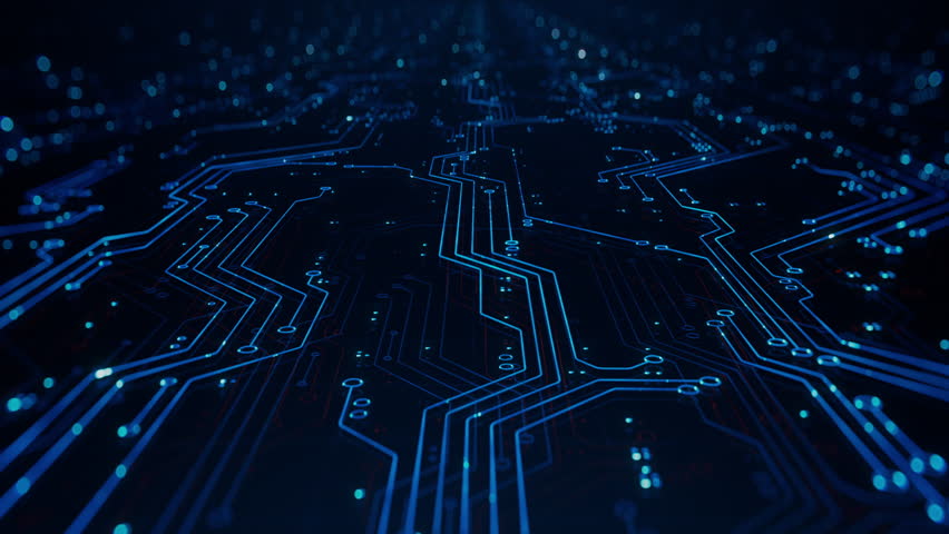 Modern Abstract Technology themed Background with Lines and Motherboard Traces. Seamlessly Loopable Animation with Printed Circuit Board Pattern. Concept: Innovation in Electronics and Science.