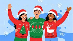 Festive friends in Santa hats and Christmas sweaters celebrate the holidays with joy and cheer - Powered by Shutterstock - Get 15% off with code: PIKWIZARD15