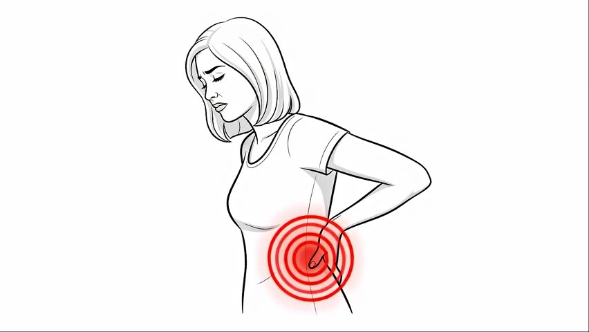 Woman experiencing lower back pain illustrated in black and white with red circles highlighting the area of discomfort