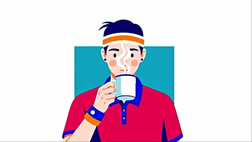 Illustration of a young man drinking from a mug wearing a headband and wristbands against a teal and white background