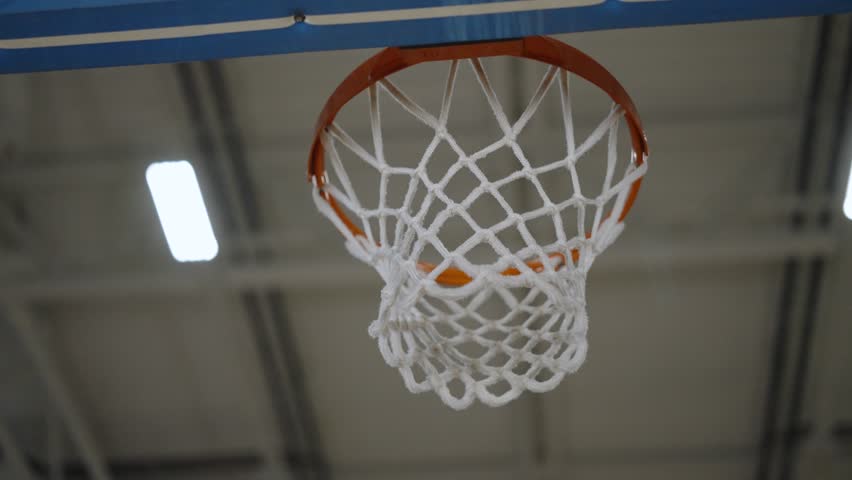 Bottom view of basketball hoop without ball, filmed in motion