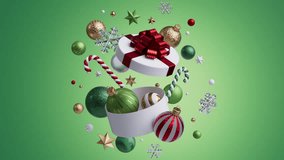 Gift and glossy ornaments spin lightly as the camera pulls back across a green scene and eases to rest. 3d render Christmas composition animation. - Powered by Shutterstock - Get 15% off with code: PIKWIZARD15