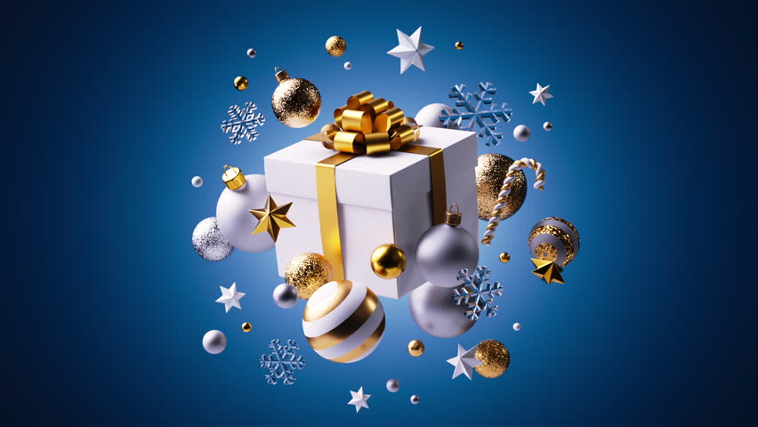 Christmas box with golden ribbon and festive ornaments (stars, snowflakes, balls) appear from all sides, assembling a modern holiday composition on blue. 3D render animation.