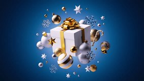 Christmas box with golden ribbon and festive ornaments (stars, snowflakes, balls) appear from all sides, assembling a modern holiday composition on blue. 3D render animation. - Powered by Shutterstock - Get 15% off with code: PIKWIZARD15