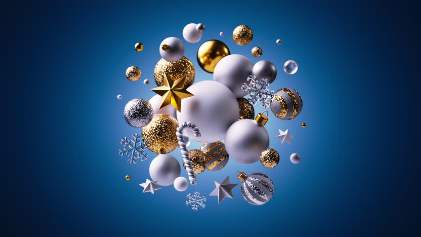 Shimmering gold, white, and silver holiday balls and stars cluster in from all directions to create a radiant Christmas centerpiece. 3D render animation.