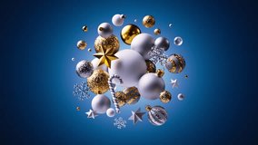 Shimmering gold, white, and silver holiday balls and stars cluster in from all directions to create a radiant Christmas centerpiece. 3D render animation. - Powered by Shutterstock - Get 15% off with code: PIKWIZARD15