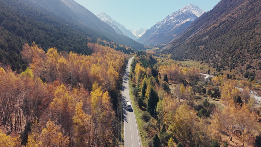 Aerial view of scenic autumn landscape of bus driving on asphalt road through autumn pine forest in Ala Archa national park, Kyrgyzstan