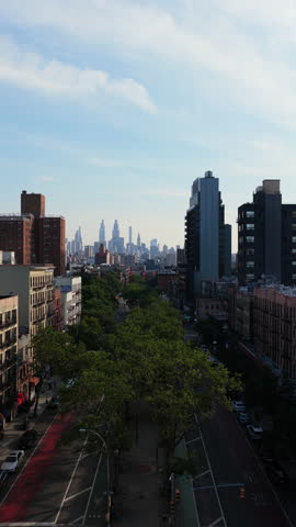 tranquil morning city street scene, serene urban scene with greenery and distant buildings