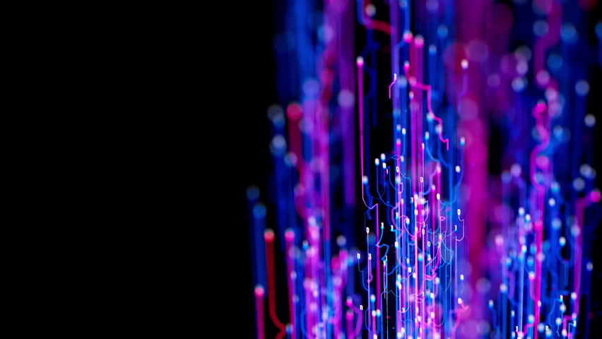 Big data light speed flow. Abstract digital data stream of quantum computing. Cyberspace of qubit trails. Modern tech information transmission.