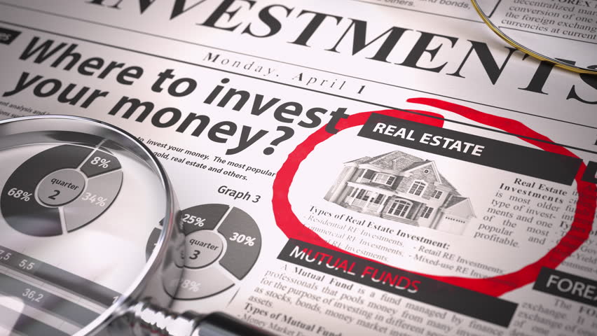 Real estate investments. REIT is a best option to invest. Where to Invest concept, Investmets newspaper with loupe and marker. Asset allocation. 3d video animation