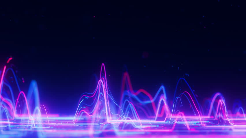 Side view on Big data light speed wavy flow. Abstract digital data sound stream of quantum computing. Cyberspace of qubit trail waves. Modern tech information transmission.