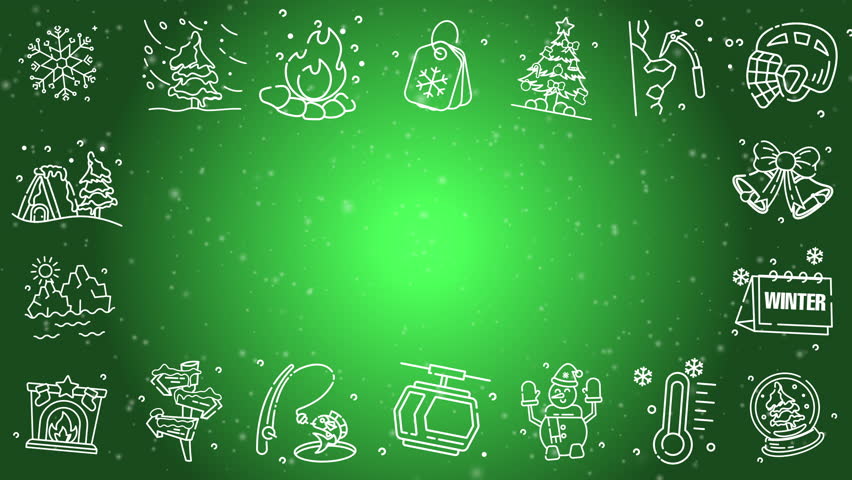 Doodle winter holiday icons line art seamless pattern on a green background. Loop motion graphic.