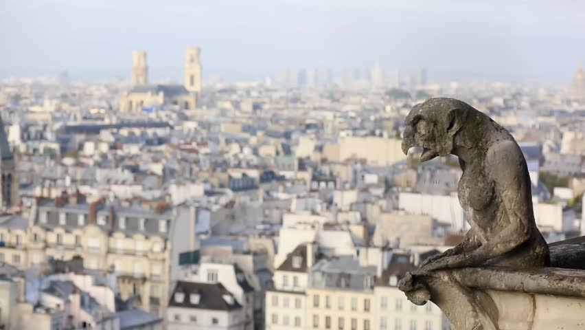 View of Paris through a gargoyle on Notre-Dame Cathedral