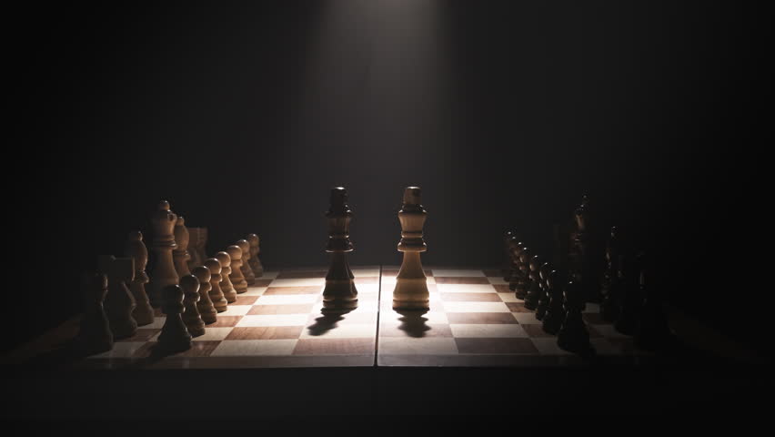 Close-up of Two Kings on Chessboard Against Dark Background Symbolizing Strategy, Tactical Thinking, Leadership, Foresight, Decision-Making, and the Timeless Battle of Minds and Logic