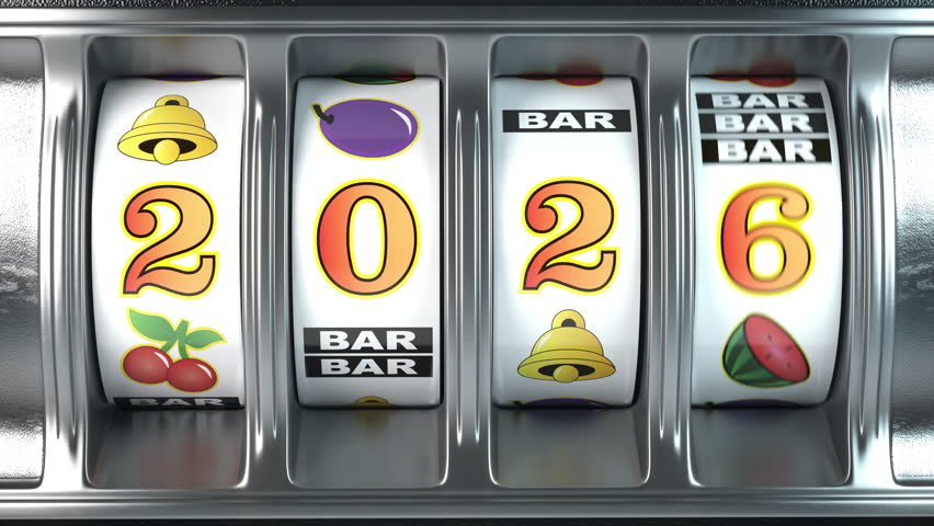 2026 Happy New Year in casino. Slot machine with jackpot number 2026. 3d video animation