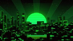 A vibrant, futuristic cityscape rendered in glowing green neon, featuring towering skyscrapers against a digital sun with a retro glitch effect and radiating light rays. - Powered by Shutterstock - Get 15% off with code: PIKWIZARD15
