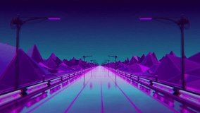 A vibrant, neon-lit highway stretches towards a horizon of purple mountains, illuminated by streetlights under a deep blue twilight sky. - Powered by Shutterstock - Get 15% off with code: PIKWIZARD15