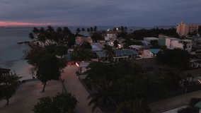 Aerial view of the buildings and ocean with palm trees during dusk, creating a tranquil scene with contrasting dark green and light blue hues, Thulusdhoo, North Male Atoll, Maldives. - Powered by Shutterstock - Get 15% off with code: PIKWIZARD15