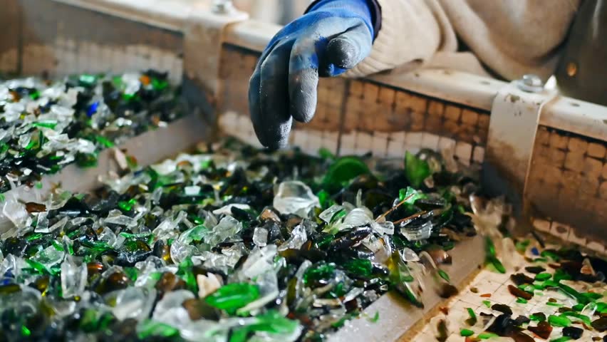 Worker wearing protective gloves sorting glass waste on a vibrating conveyor belt at a recycling plant, showing industrial recycling and environmental sustainability.