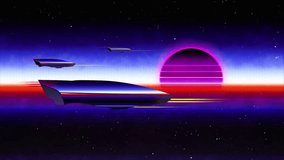 A retro-style digital artwork depicting a futuristic cityscape with flying vehicles and a vibrant sunset in the background. - Powered by Shutterstock - Get 15% off with code: PIKWIZARD15