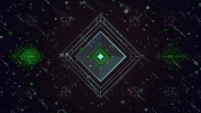 Futuristic Digital Interface With Floating Data Elements. A futuristic digital interface featuring glowing geometric shapes and floating data nodes, forming a complex high tech network - Powered by Shutterstock - Get 15% off with code: PIKWIZARD15