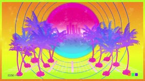 A seamless loop animation of dancing palm trees against a retro futuristic cityscape. Vibrant 80s synthwave style with a glowing neon sun and psychedelic colors for a vintage feel. - Powered by Shutterstock - Get 15% off with code: PIKWIZARD15