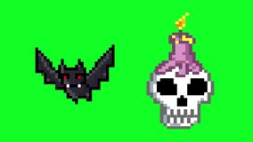 Halloween pixel art animation with a bat and a skull with a candle on a green background, art, vintage. - Powered by Shutterstock - Get 15% off with code: PIKWIZARD15