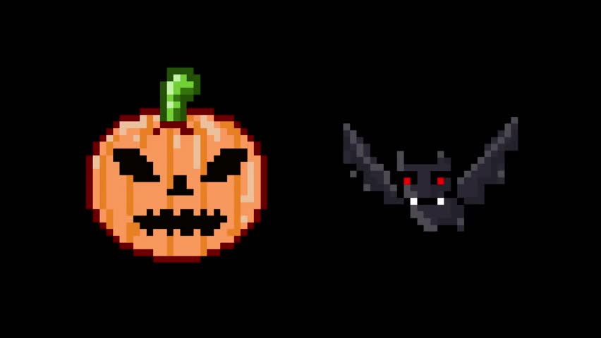 Halloween pixel art animation with a pumpkin and a bat on a black background, art, vintage.