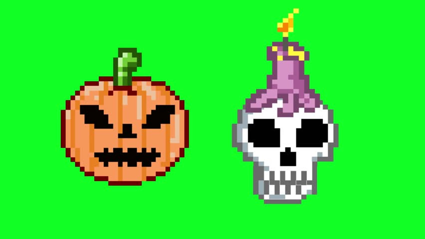 Halloween pixel art animation with a pumpkin and a skull with a candle on top on a green background, art, vintage.