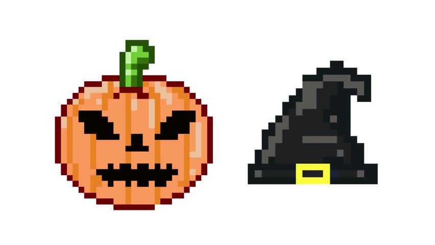 Halloween pixel art animation with a pumpkin and a witch