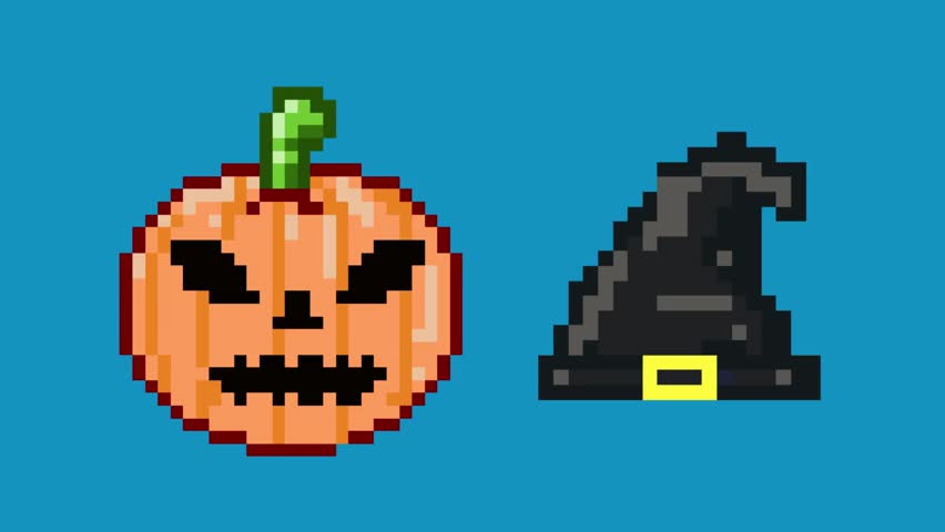 Halloween pixel art animation with a pumpkin and a witch