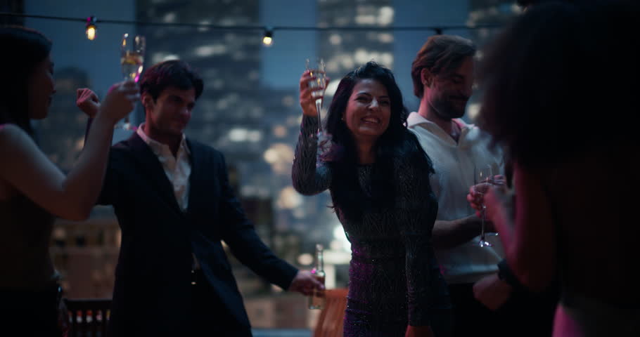 Elegant Rooftop Party With Diverse Guests Toasting Champagne, Enjoying Trendy Cocktails and Lively Music. a Luxurious Celebration of Nightlife, Fashion, and Beauty, Glamour and Happiness.