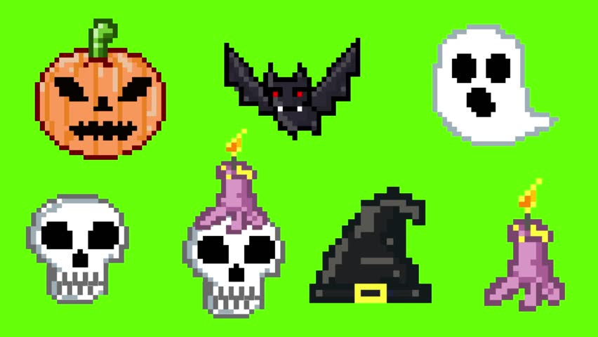 Halloween pixel art animation with various characters, pumpkin, ghost, hat, candle, skull, and bat on a green background, vintage art.