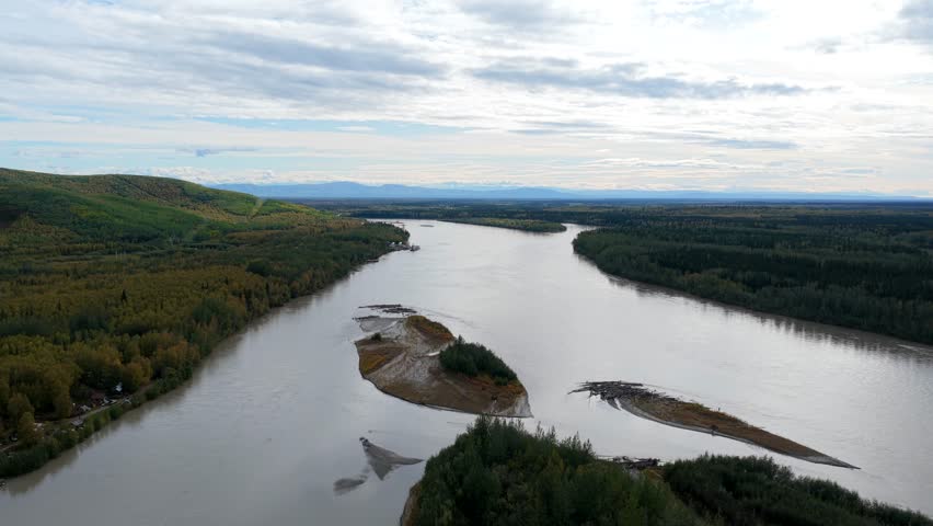 Aerial view of the mighty Tanana River flowing through the Alaskan wilderness, a landscape of contrasting greens and browns under a cloudy sky, Fairbanks, Alaska, United States.
