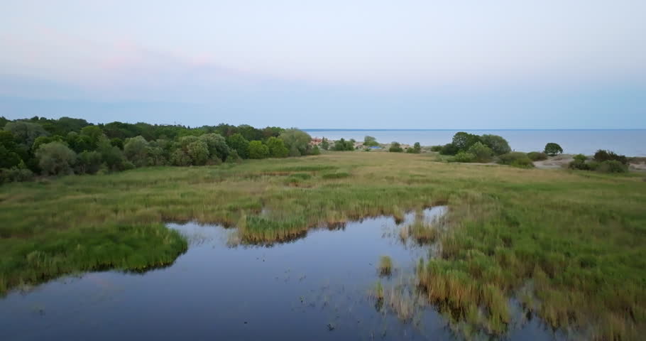 Aerial view flying over marshlands with a beach in the background, summer sunset