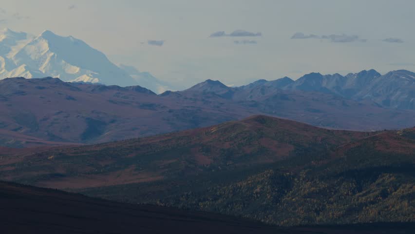 Aerial view of the majestic snow-capped Denali mountain range rising above the colorful landscape, creating a stunning contrast, Denali, Alaska, United States.
