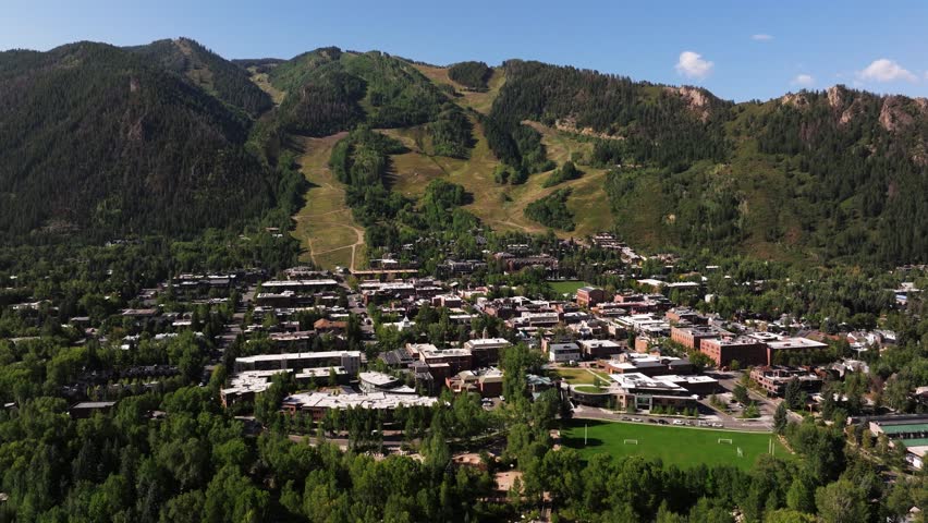 Establishing Drone Shot Above Aspen, Colorado. Mountain Town on Summer Day