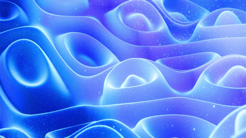 Loop 4k. Abstract waves of soft blue matte material with light inner glow and glitters on morphing surface. Abstract geometric surface like landscape or terrain, extrude or displace 3d noise.