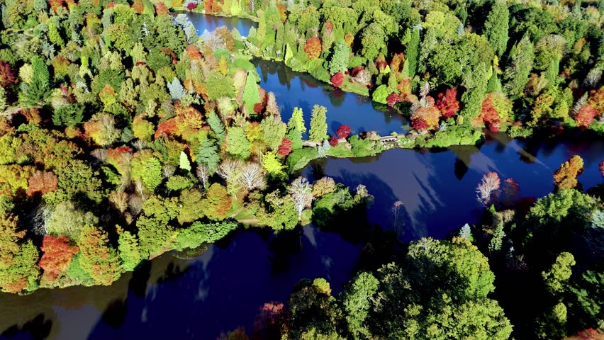 Aerial pan drone footage over autumn woodlands and shimmering lakes in Sussex, revealing a small bridge surrounded by vibrant foliage and rich fall colours in a peaceful natural setting.