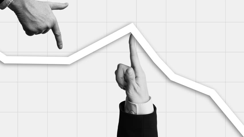 Stop motion animation. Hands shaping falling business graph into recovery direction. Concept of financial crisis, market stability, teamwork, and emotional resilience.