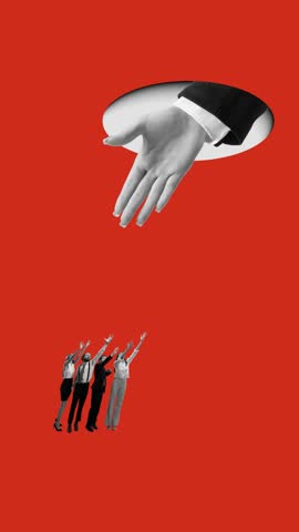 Modern ad video. Giant helping hand reaching down to business people on red background. Concept of leadership, teamwork, guidance, mentorship, corporate support, and emotional trust.