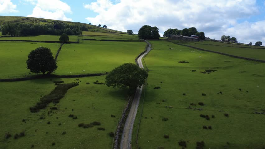 Aerial view Spencer Lane outside Hebden Bridge, A narrow cobbled lane set in West Yorkshire countryside that leads to old chamber