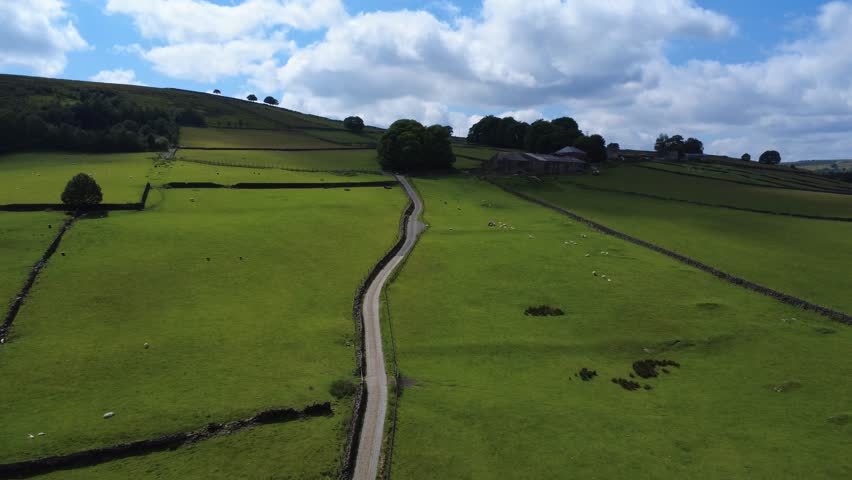 Aerial view Spencer Lane outside Hebden Bridge, A narrow cobbled lane set in West Yorkshire countryside that leads to old chamber