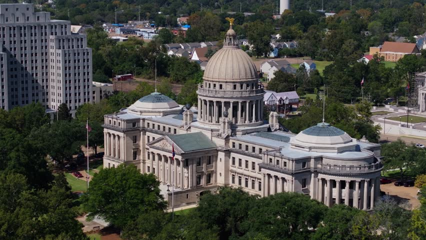 Drone Orbits Above Mississippi Capitol Building in Downtown Jackson