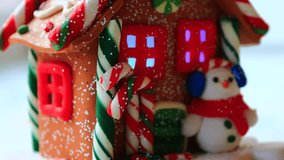 A close-up of a festive gingerbread house decorated with candy canes, perfect for holiday use. - Powered by Shutterstock - Get 15% off with code: PIKWIZARD15