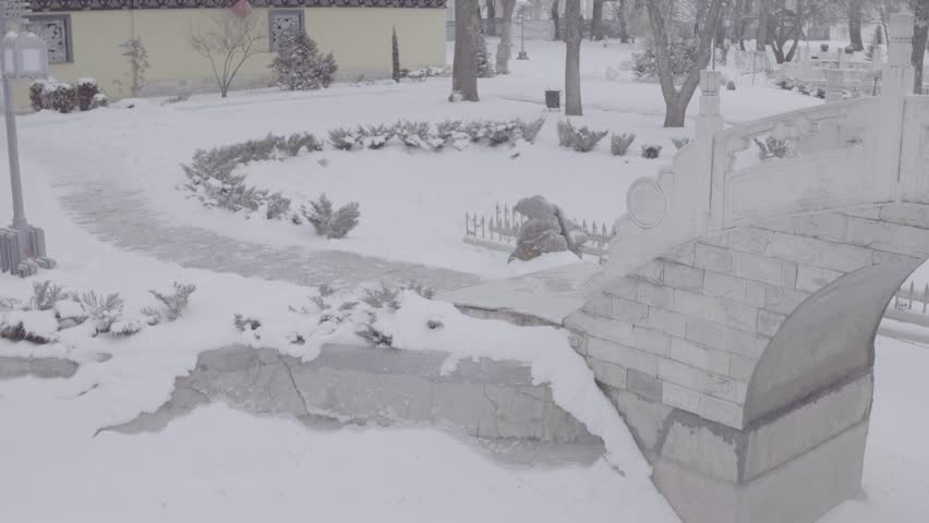 Arched stone bridge with dragon detail in winter Chinese garden, D-Log footage
