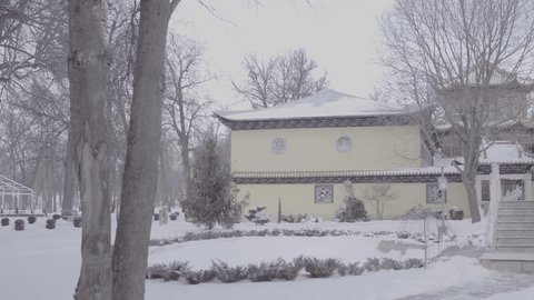 Traditional Chinese Pavilion Arched Bridge Winter Garden