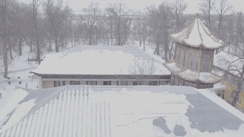 Snow Covered Chinese Pavilion Trees Aerial Winter View