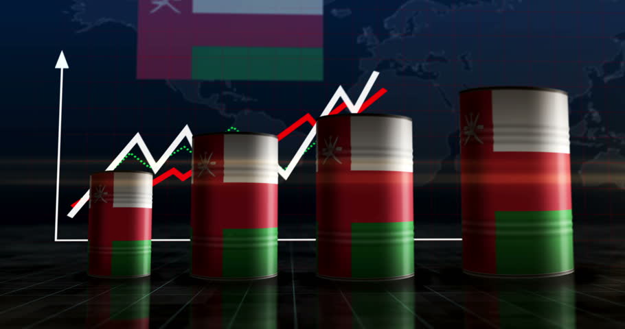 Oman oil business and fuel extraction barrels on growing chart. Omani petrol industrial metal containers with increase statistic diagram.