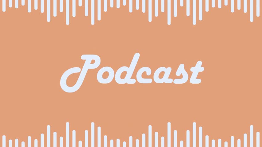 Bold "Podcast" lettering with a vibrant sound spectrum visualization emerging from the text, representing audio energy and frequency.